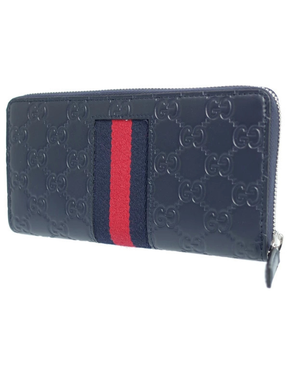 Gucci Round Long Signature Zipper Wallet Leather Zip Web Around Black